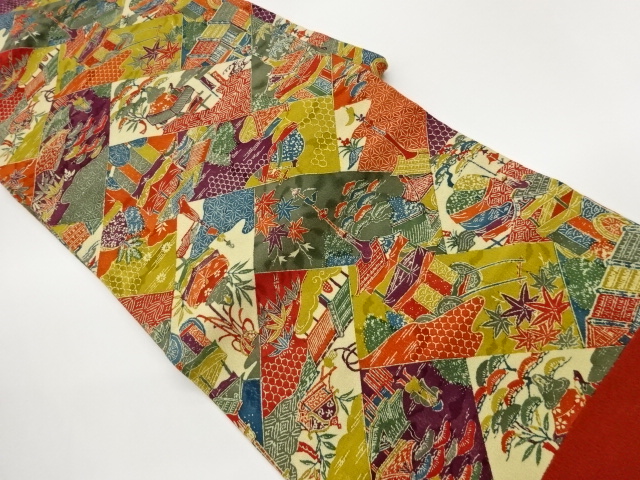 上代紬型染檜垣に山鉾・人物・松模様名古屋帯